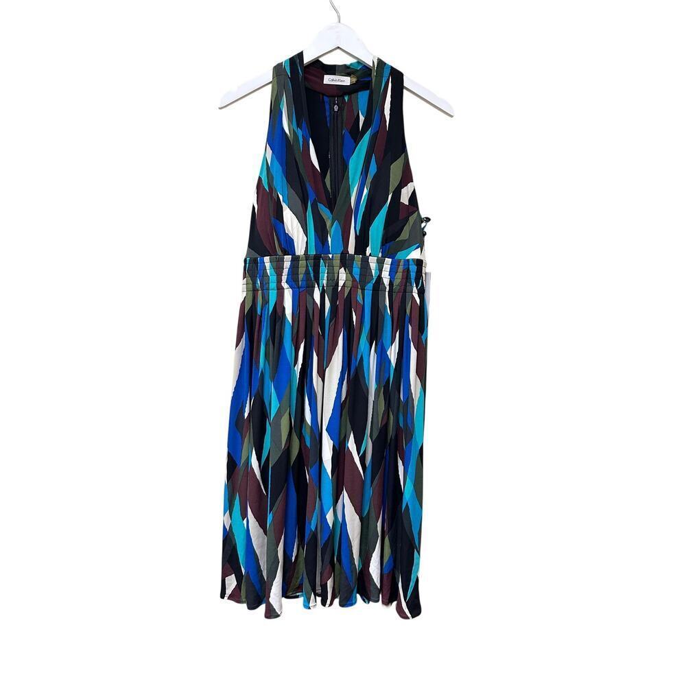NWT Calvin Klein US 12 Sapphire Blue Geometric Sleeveless V-Neck Office Stretch